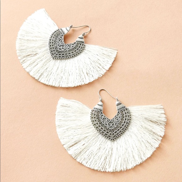 Sourced by ShanRiLa Jewelry - Silver Filagree White Fringe Tassel Earrings